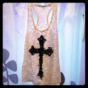 Cream lace tank top with black cross
